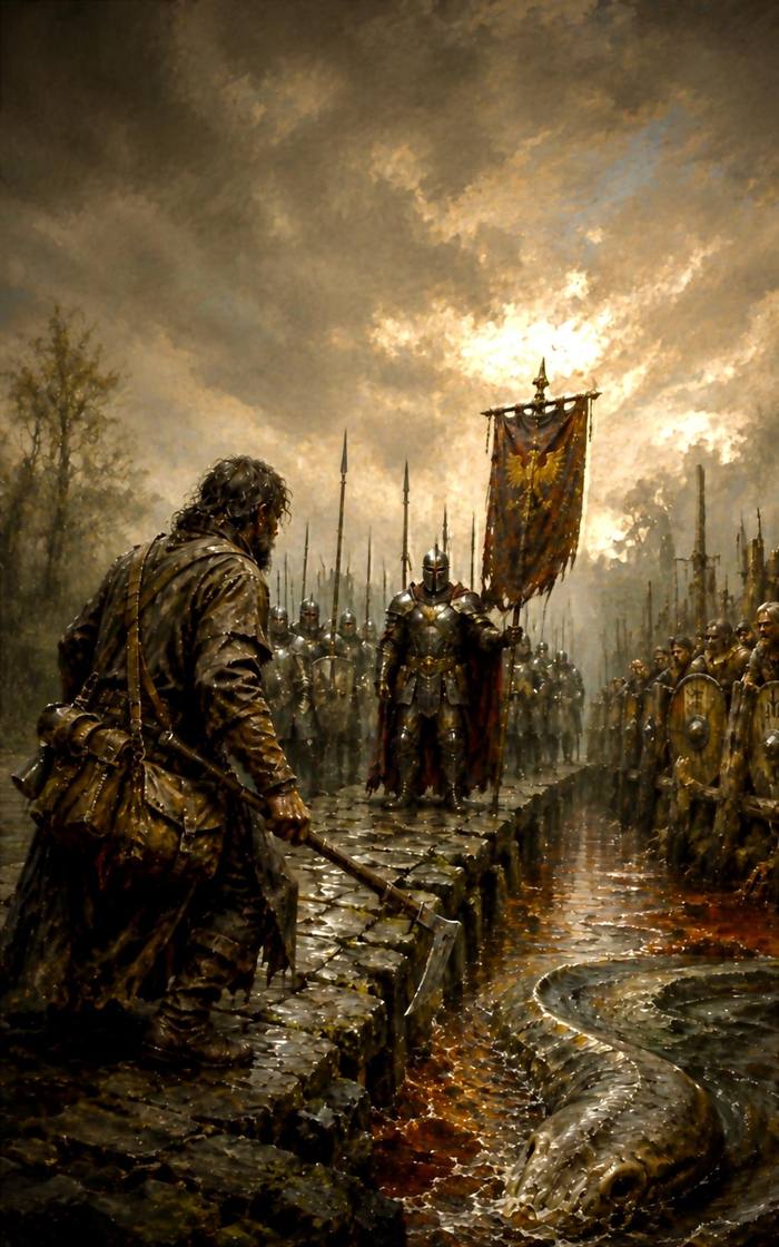 Bale on a fen causeway, facing an imperial column under a torn banner, with a great eel in the water below