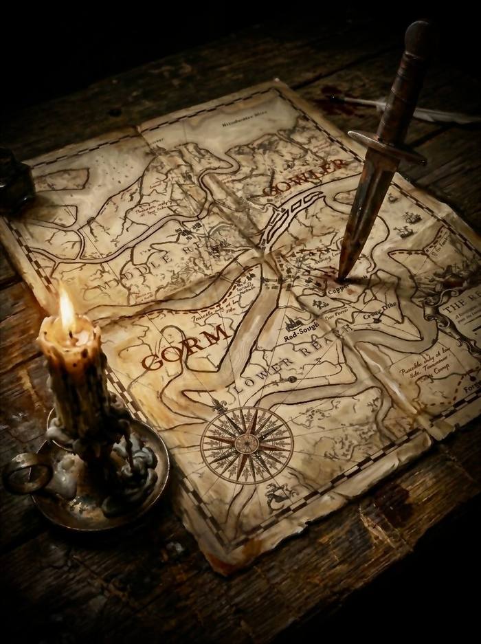 A map of the Reach laid on a candlelit table, a dagger driven into it beside the Copper-Wash